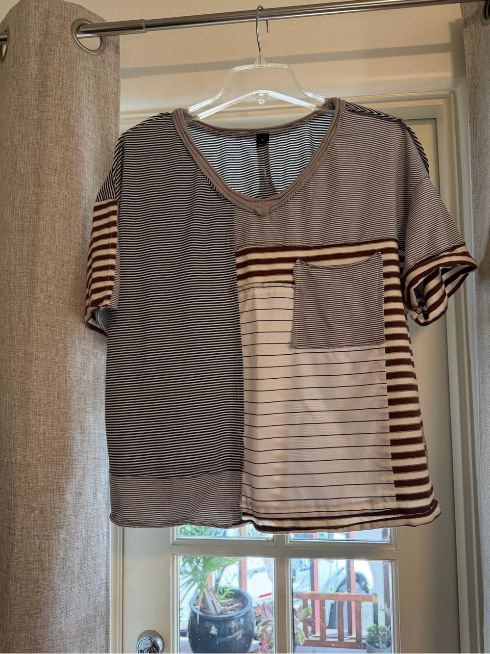 SHEIN Brown and Cream Striped Patchwork V-Neck Short Sleeve Top